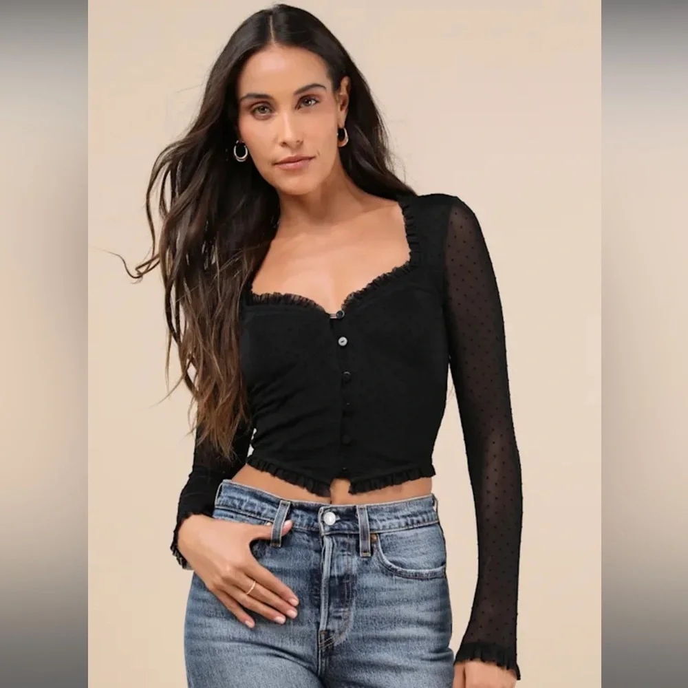NWT Lulus Sultry Approach Black Mesh Swiss Dot Bustier Long Sleeve Top